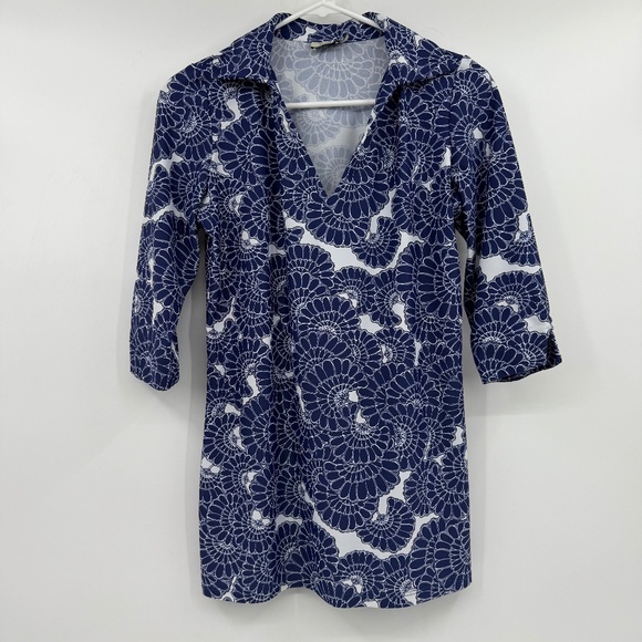 Katherine Way Top Women Small Blue White V Neck 3/4 Sleeve Swim Resort Stretch - Picture 1 of 11